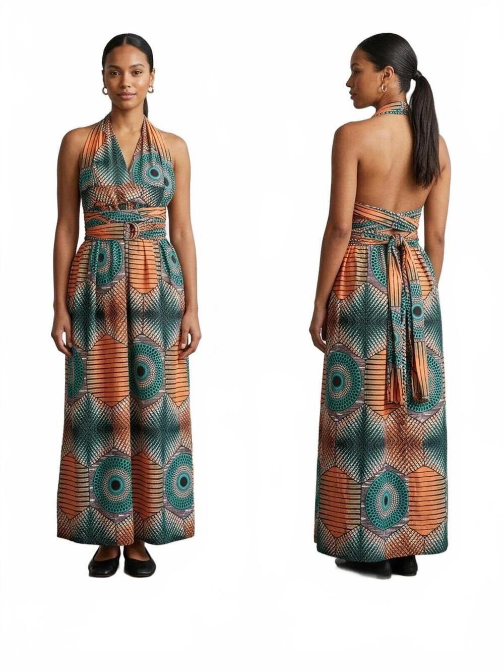 Mae Otti Ladies African Print Infinity Halter Dress Extra-Long Straps That